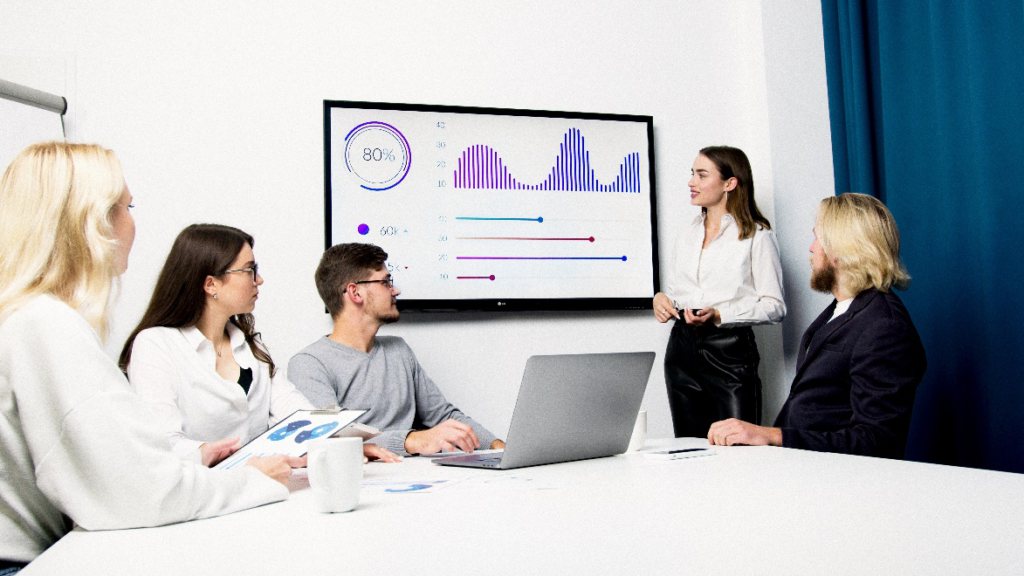 A businesswoman doing a multimedia presentation