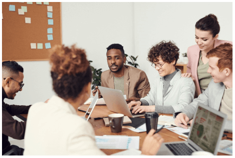 Group of HR professionals having a discussion