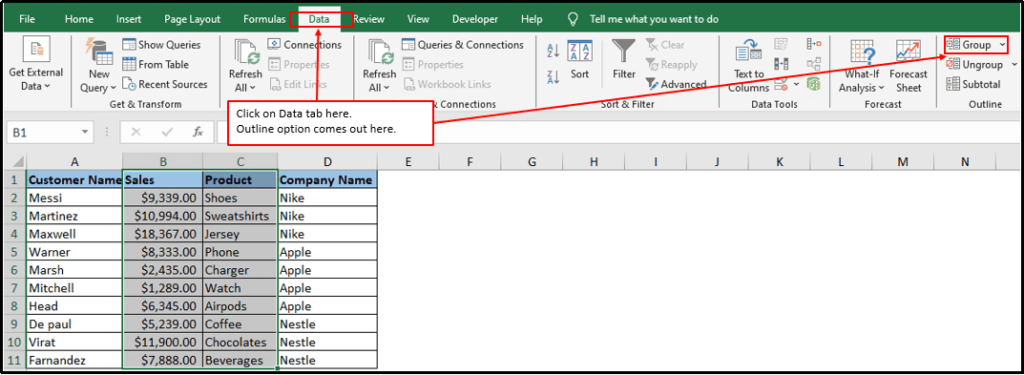 Data tab in excel