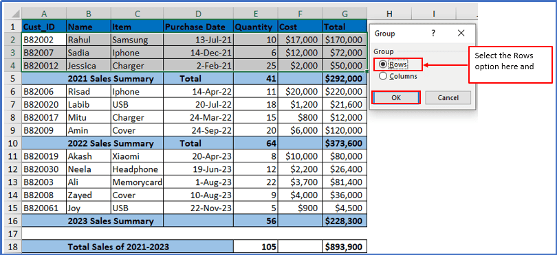 Select Rows option