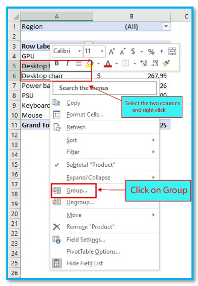 Create Group in Pivot Table Items