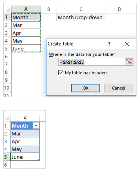 excel drop down list table name