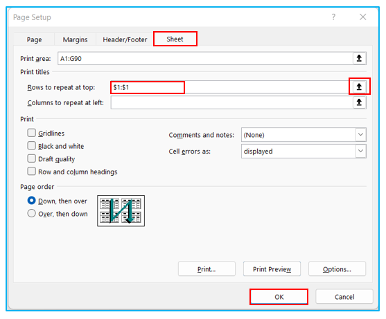 Print Top Row on Every page in Excel