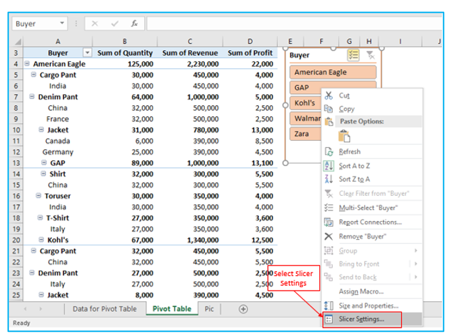 Slicers in Pivot Table