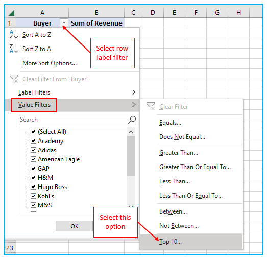 Filter data in pivot table