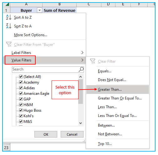 Filter data in pivot table