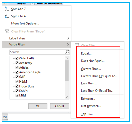 Filter data in pivot table