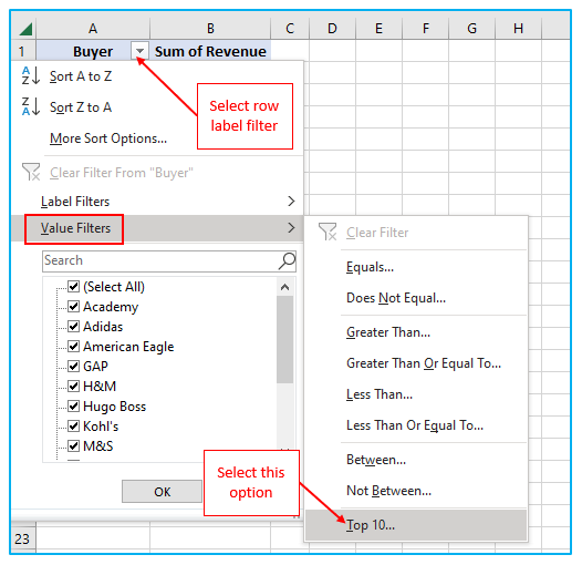 Filter data in pivot table