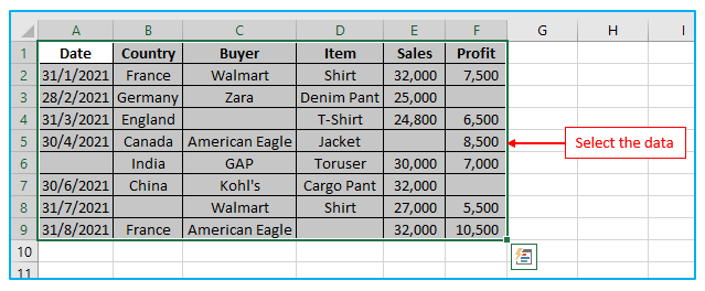 Highlight and Fill down blank cells