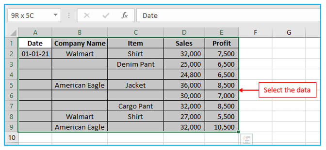 Highlight and Fill down blank cells