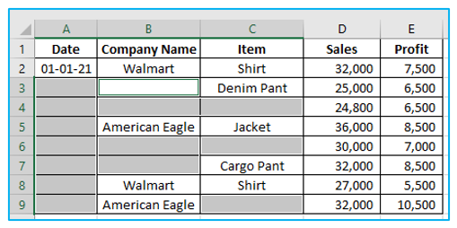 Highlight and Fill down blank cells