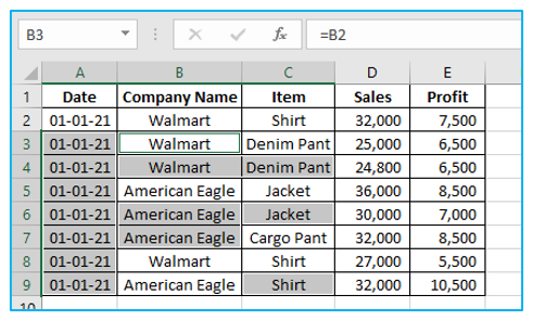 Highlight and Fill down blank cells