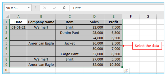 Highlight and Fill down blank cells