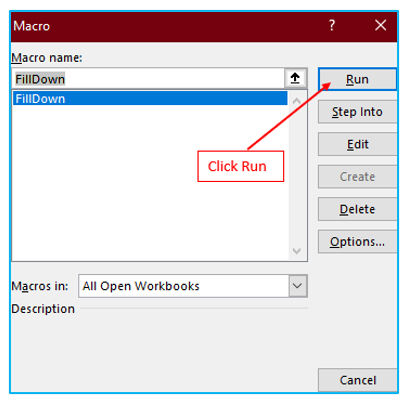 Highlight and Fill down blank cells