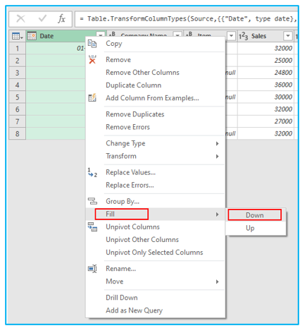 Highlight and Fill down blank cells