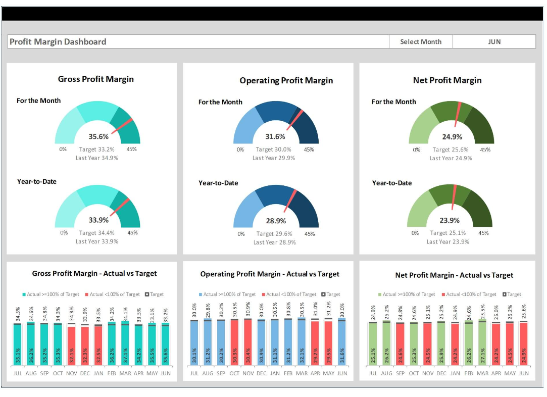 Profit Margin Dashboard with Speedometer Chart