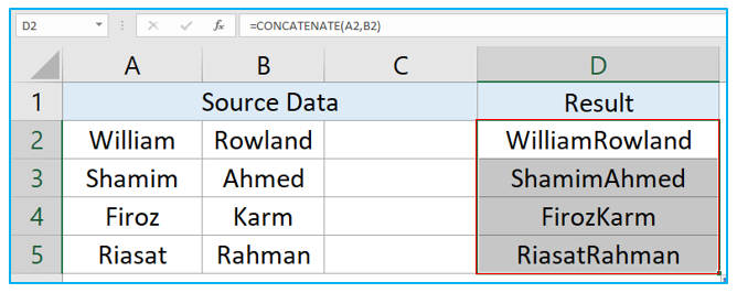 CONCATENATE Function in Excel to combine text strings, cells and columns