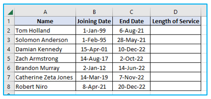 Calculate Years of Service in Excel