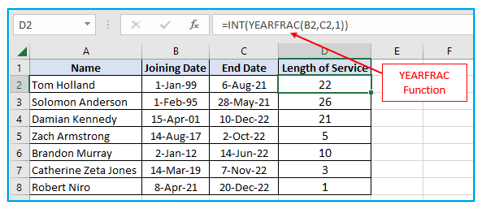 Calculate Years of Service in Excel