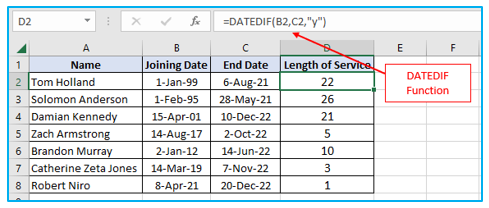Calculate years of service
