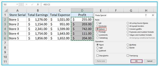 Convert formulas to values