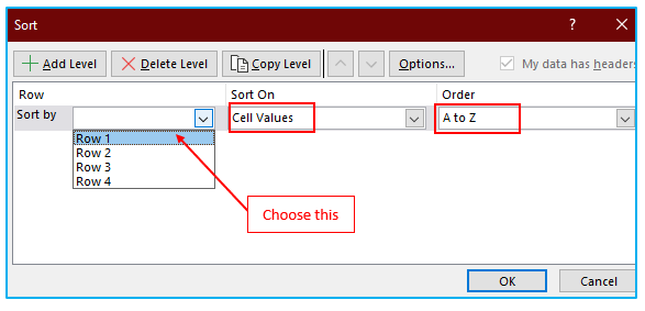Sort in excel by row