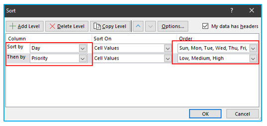 Sort in excel by row