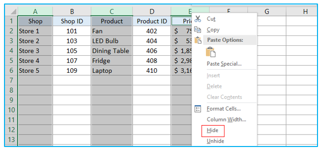 Unhide Columns