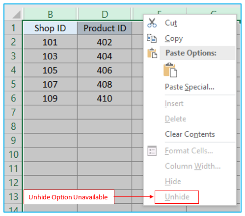 Unhide Columns