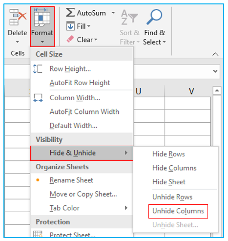 Unhide Columns in Excel