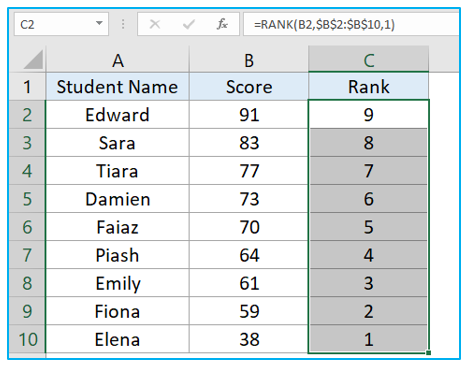 Apply Excel RANK Function