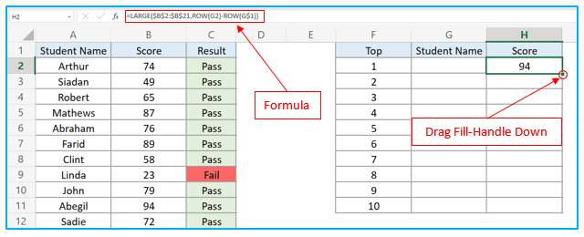 Find top 10 values in excel with formulas