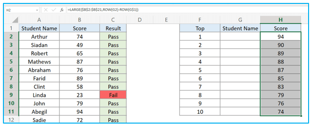 Find top 10 values in excel with formulas