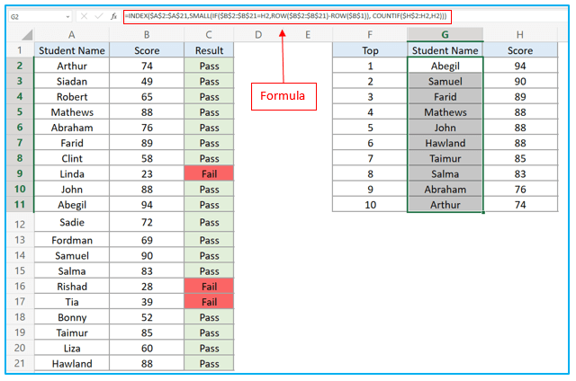 Find top 10 values in excel with formulas