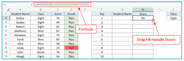 Find top 10 values in excel with formulas