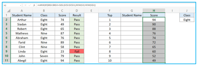 Find top 10 values in excel with formulas