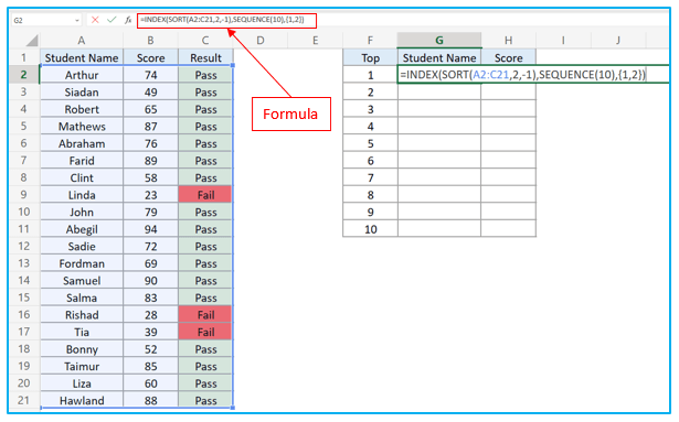 Find top 10 values in excel with formulas