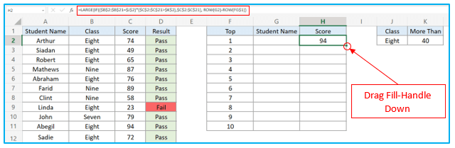 Find top 10 values in excel with formulas