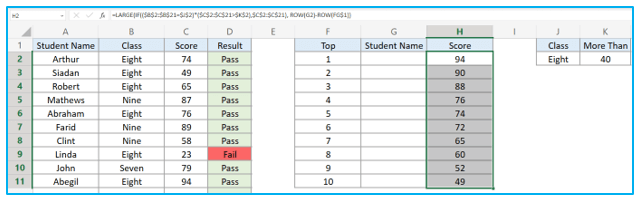 Find top 10 values in excel with formulas