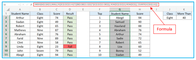 Find top 10 values in excel with formulas