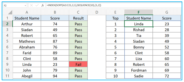 Find top 10 values in excel with formulas