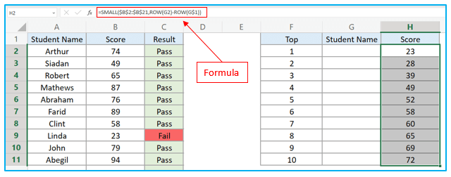 Find top 10 values in excel with formulas