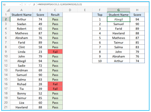 Find top 10 values in excel with formulas