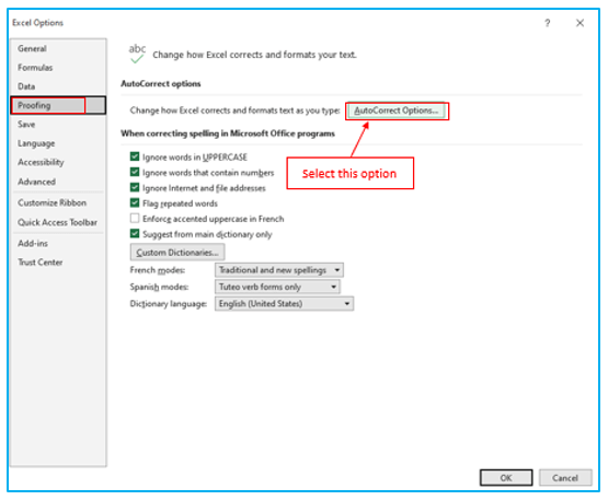 AutoCorrect option in Excel