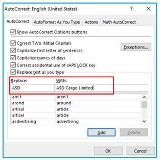 AutoCorrect option in Excel