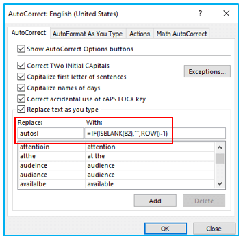 AutoCorrect option in Excel