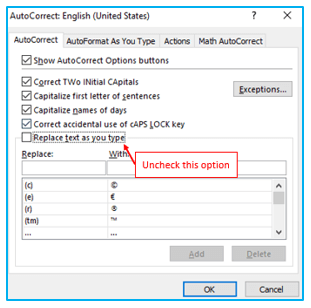 AutoCorrect option in Excel