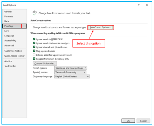 AutoCorrect option in Excel