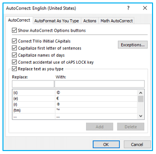 AutoCorrect option in Excel