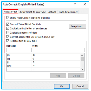 AutoCorrect option in Excel